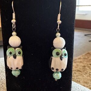 Hand Crafted Owl Earrings - Green and White